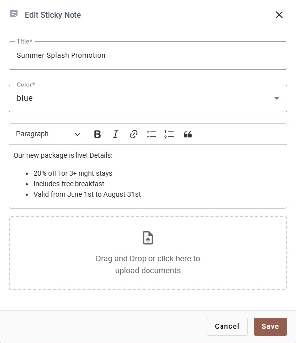 The Edit Sticky Note dialog with a filled-in title, colour and formatted body