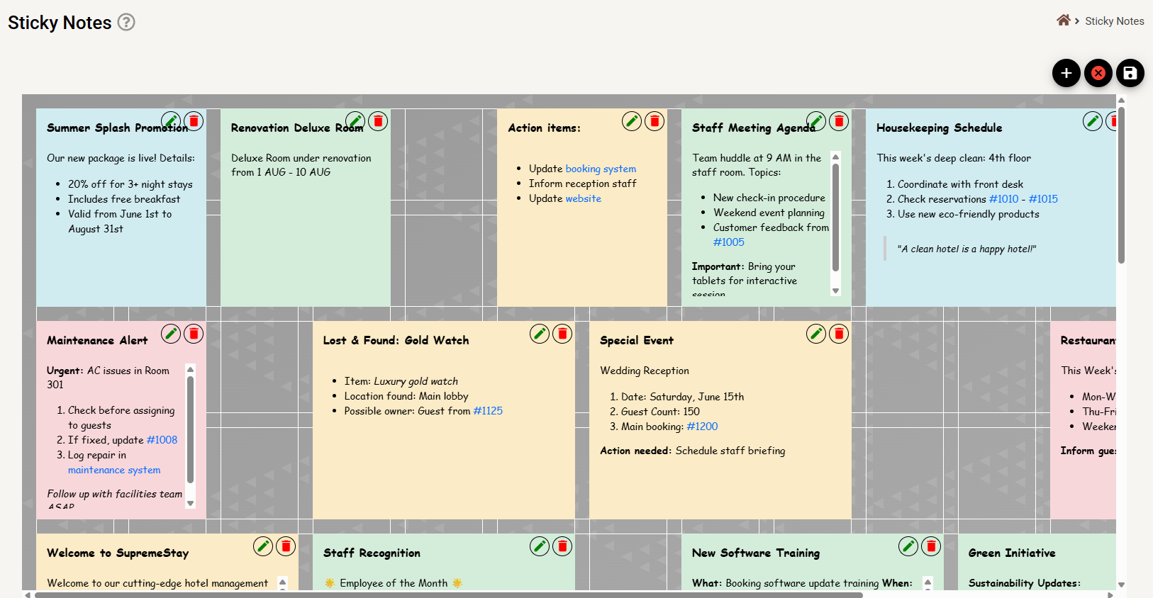 The board in edit mode, with the layout grid visible and each note carrying an edit and delete icon