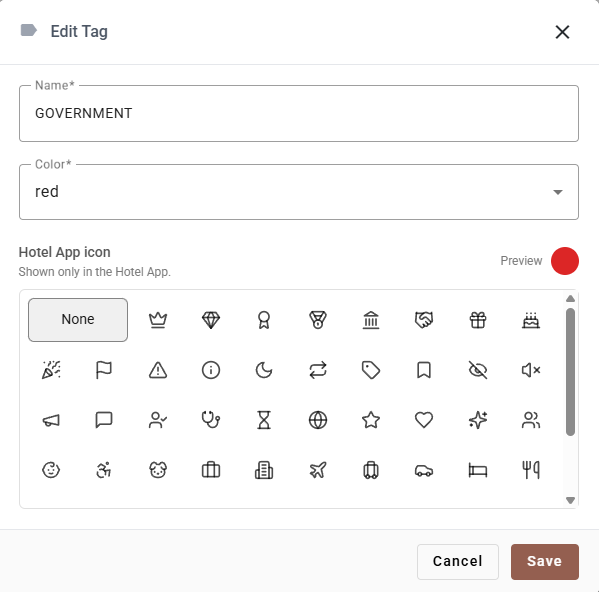 The Edit Tag dialog with name, colour dropdown and a grid of icons with a live preview