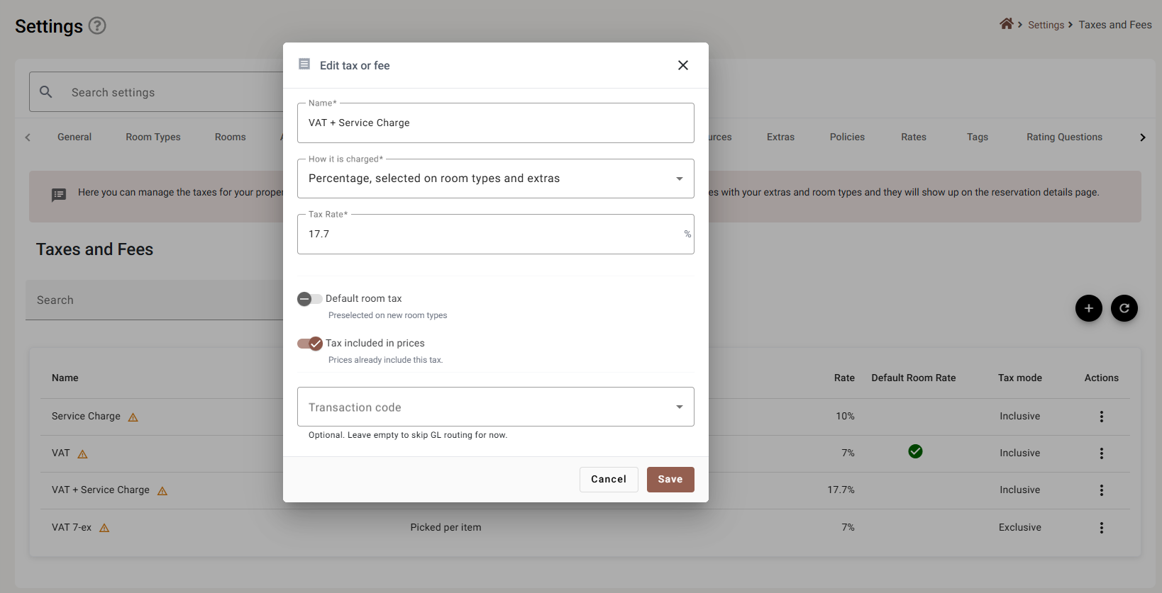 The Edit tax or fee dialog showing name, how it is charged, rate and the two toggles