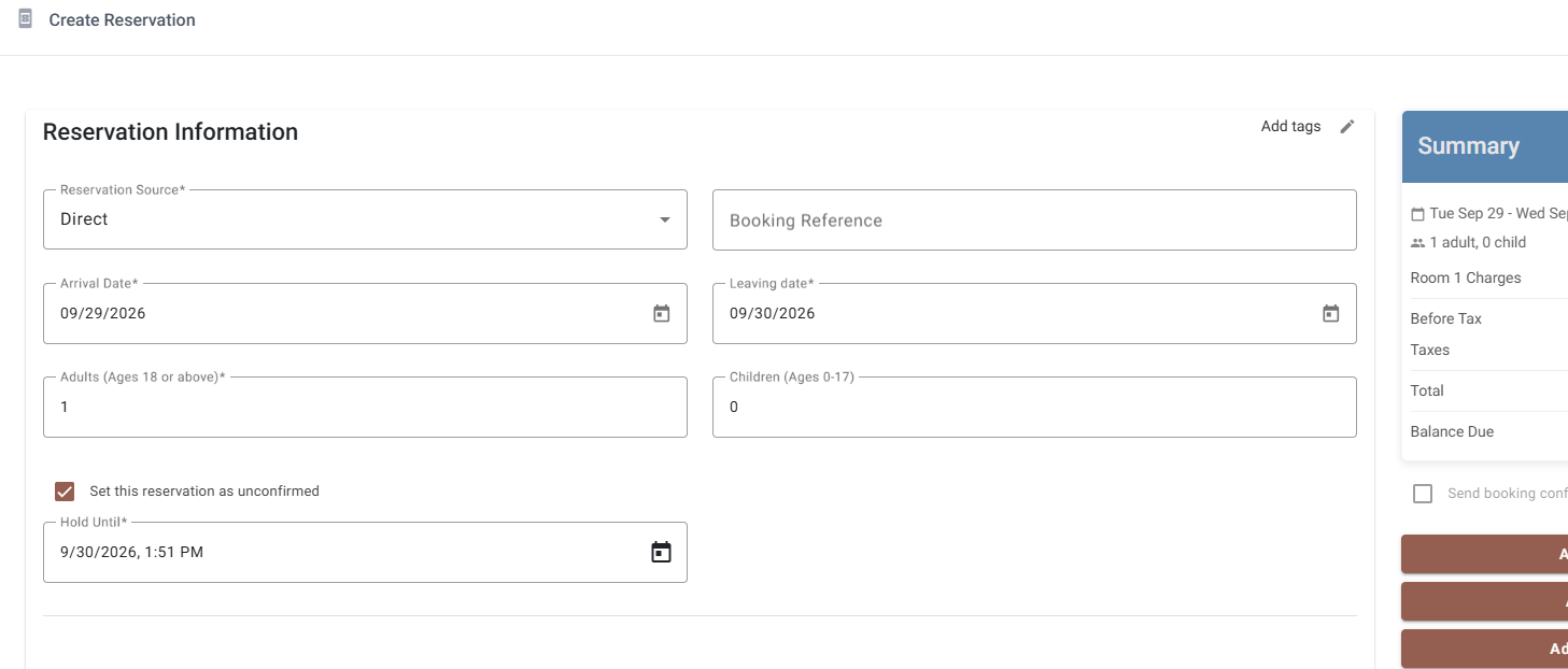 The Create Reservation form with the unconfirmed box ticked and a Hold Until date
