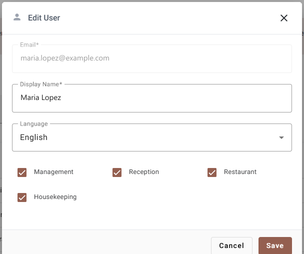 The Edit User dialog with email, display name, language and permission checkboxes