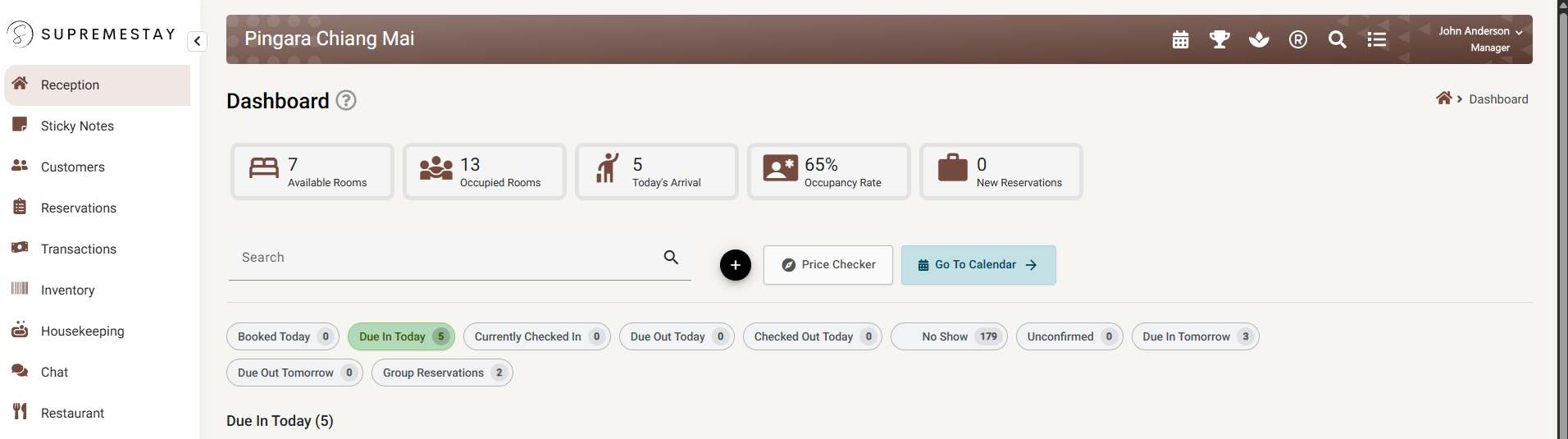 The SupremeStay workspace: the sidebar down the left, the brown top bar with the property name and shortcut icons, and the page title with its help button and breadcrumb